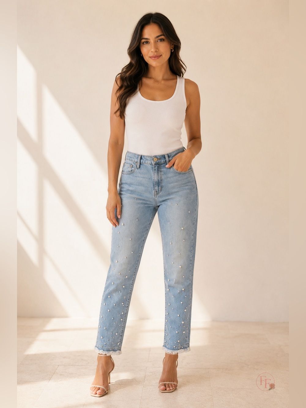 NWT FRAME Le High Straight Pearl Jeans 32 Double Frayed Hem Embellished Denim